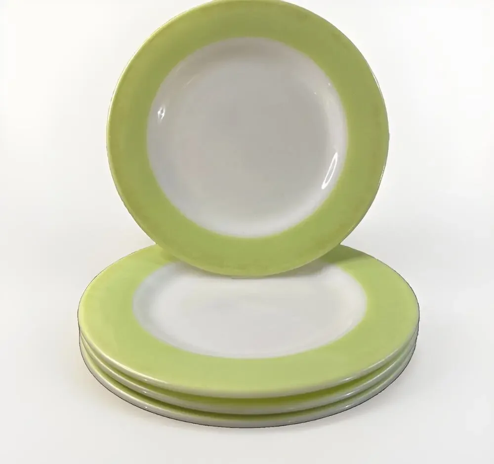 Vintage Pyrex Lime Green Band Milk Glass 8” Salad Dessert Plate Set of 4 MCM